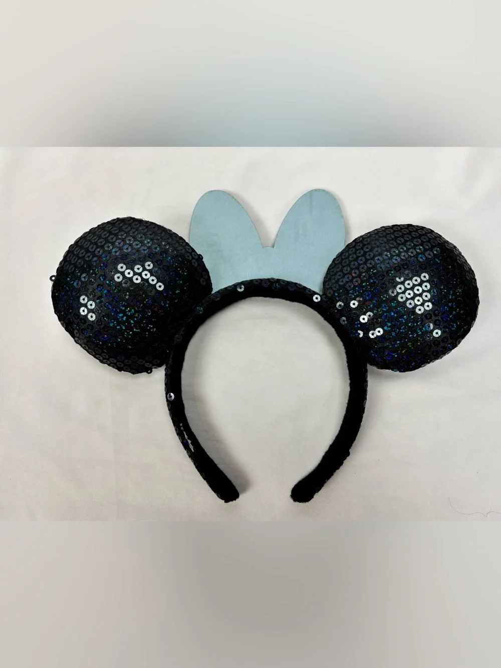 Disney Parks Disneyland Sequin Blue Silver Gems Minnie Mouse Ears FLAW As-Is